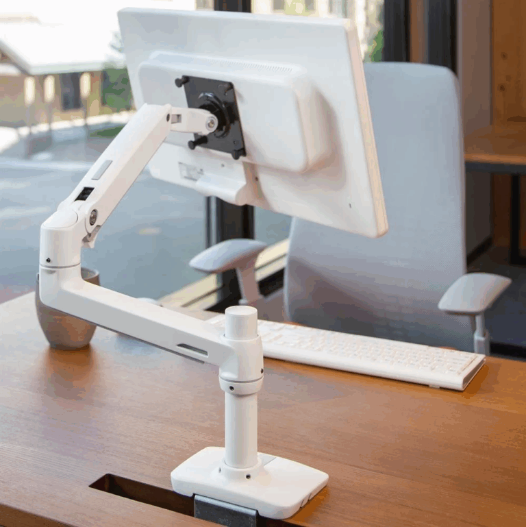 White monitor holder for ergonomic office work